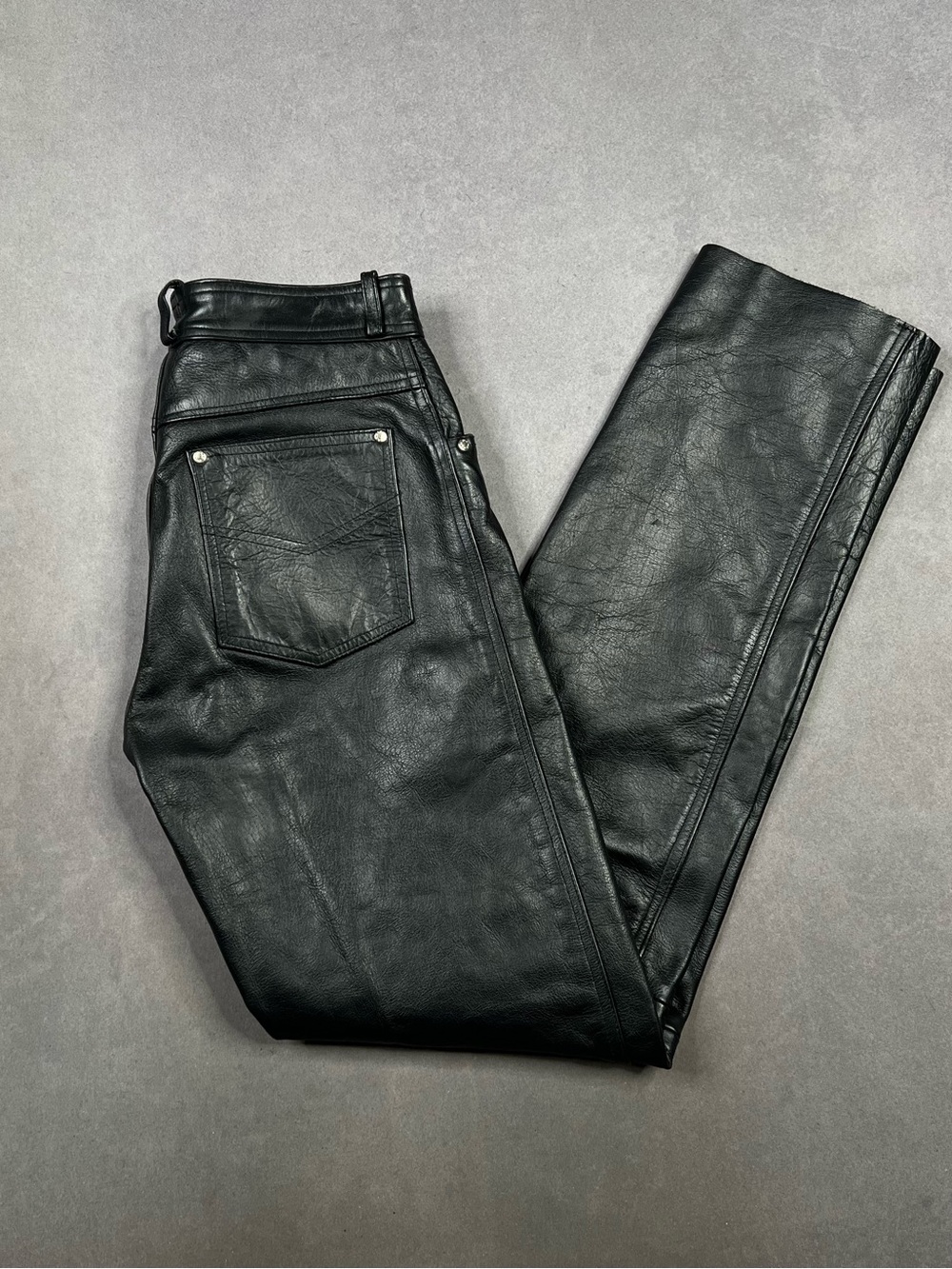 Vintage Black Genuine Leather Women Pants Motorcycle